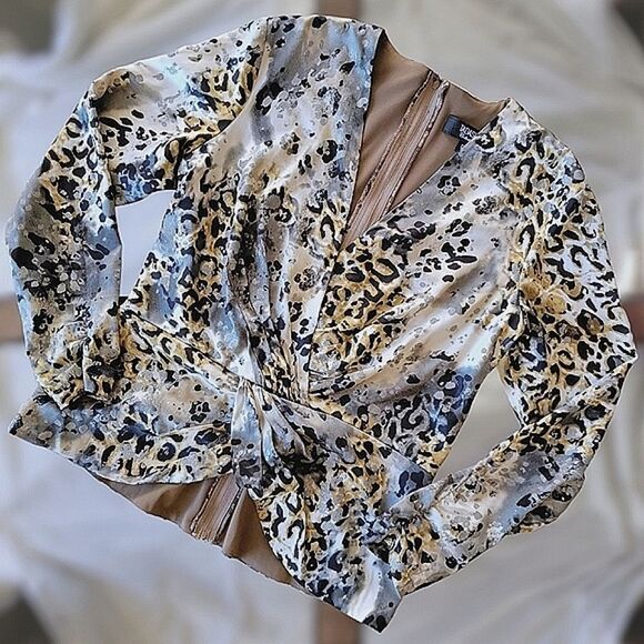Vtg Tadashi Collection silk blend leopard print faux wrap blouse size 10 - Picture 3 of 13